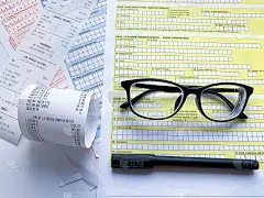 把眼镜放在纳税申报单上。办公室，商业和税务。黑色塑料框架。