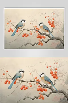 AI数字艺术柿子树事事如意插画