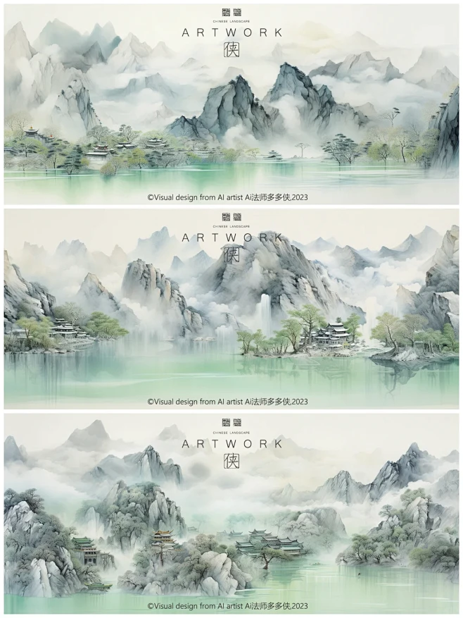 新中式国风山水风景画-千里江山·绿韵山河-花瓣网