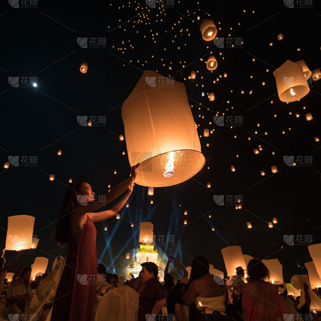 一个女人在天灯节夜晚放天灯庆祝