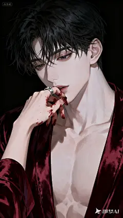 jimeng-2025-09-15-6551-黑暗风格人物插画，动漫风格，主体为人物脸部特写，肌肤莹白，男的握住轻吻画面外伸过