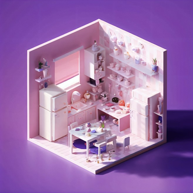剖面房间卧室厨房3D小房间模型 (5)