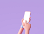 3d cartoon hand holding smartphone isolated on purple