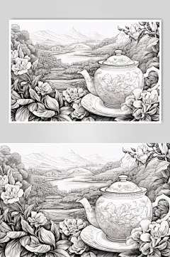 AI数字艺术复古铜版画茶园茶叶插画-众图网