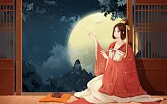 中国传统古风中国风唐朝古风女子看落叶手绘背景插画素材古风中国风唯美女人