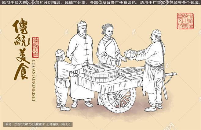 小摊 集市 卖货 糕点 点心 年糕 卖年糕 驴打滚 小摊贩 小吃摊 包装设计 传统工艺 手绘插画 壁画挂画 古法
