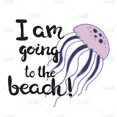 贺卡,文字,英文字母i,动物手,通向海滩,干画笔,水母,爪,绘画插图,留白