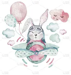 手绘飞行可爱的复活节飞行员兔子水彩卡通兔子与飞机。绿松石水彩画动物兔艺术飞行插图