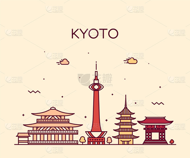 直的,日本,城市天际线,城市,京都市,传统,商务,建筑,美因河,剪影
