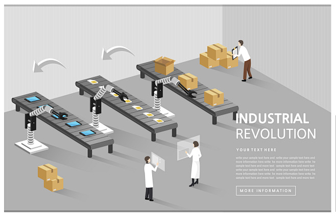 工业革命工厂流水线研究分析AI矢量插图素...
