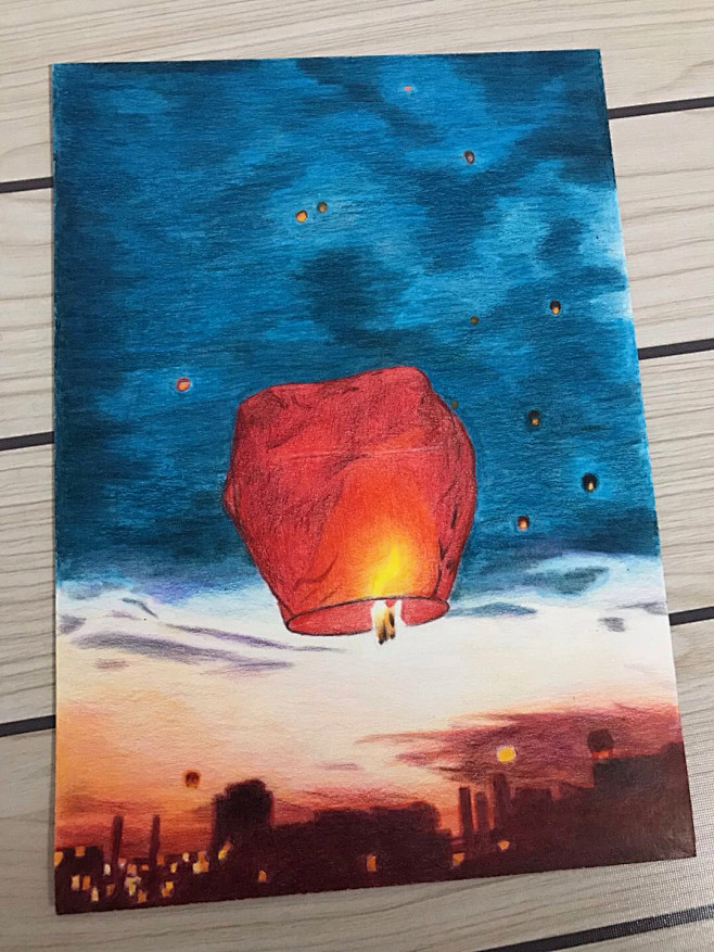 彩铅风景孔明灯