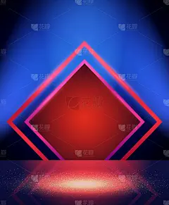 矢量空蓝色霓虹灯照耀桌子或房间墙壁背景与红色正方形横幅