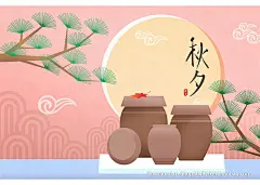 中式古典插画亭子剪纸祥云中秋节日古代庭院PSD设计素材186-淘宝网