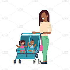 非洲母亲婴儿妹妹弟弟双胞胎双婴儿车全长头像在白色背景，成功的家庭概念，平面卡通
