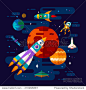 Vector flat space elements with spaceship, ufo and planets.