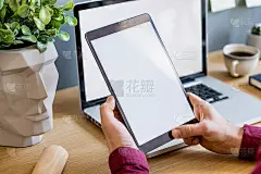 近距离的时尚组成与商人，模拟平板屏幕，咖啡杯，植物和办公用品在现代家庭办公室。