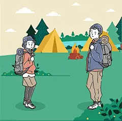 手绘线条扁平化男生女生背包户外露营徒步