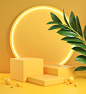 Yellow step podium set with electric light glow and plant. 3d render Premium Photo