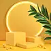 Yellow step podium set with electric light glow and plant. 3d render Premium Photo