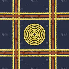 无缝图案与现实的手绘金链和棕色皮带涂鸦素描在深蓝色的背景下的广场豪华装饰面料时尚设计，网络横幅