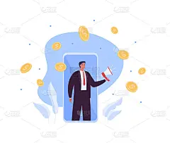 商业技术和营销理念。矢量平面创意插图。手机屏幕上有扬声器的商人。金钱雨金融成功的象征背景。