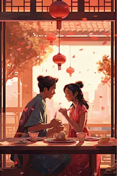 AI数字艺术卡通情人节浪漫烛光晚餐插画-众图网