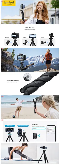Amazon.com: Lamicall 三脚架 适用于 iPhone - 3 合 1 灵活手机三脚架带无线遥控 - iPhone 三脚架支架用于视频录制Vlogging自拍兼容 iPhone Samsung Go Pro、数码相机 : 手机和配件