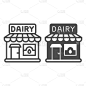 乳制品店线和固体图标，乳制品概念，牛奶店建筑标志在白色背景，牛奶店展示图标轮廓风格的移动概念和网页设