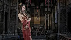 古风美女,古典红色裙子,古代建筑,大厅,中国风美女壁纸