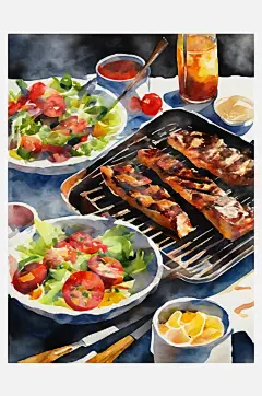 AI数字艺术美食烤肉水彩插画-众图网