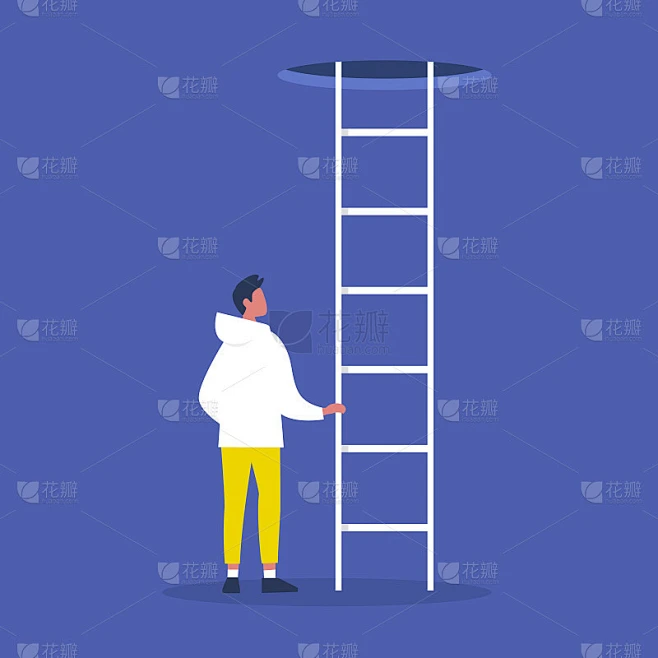 年轻男子举着梯子。上升。成功的职业生涯。的机会。概念矢量插图，剪辑艺术素材-花瓣网