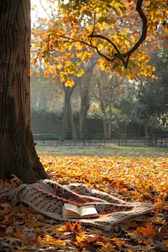树下阅读秋季自然景致