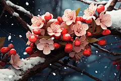 雪地花朵植物柿子素材图片