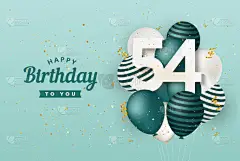 生日快乐54岁生日绿色气球贺卡背景。54周年。54岁与confetti庆祝。矢量存量