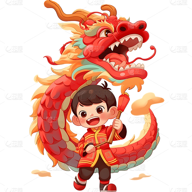 龙年春节通用中国风插画卡通感人物和龙场景...