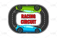 赛车赛道的标志，标志，图标，海报，横幅的概念设计。绿色和蓝色的跑车在路上转弯。矢量图