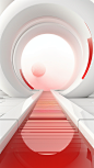 a white abstract scene with a red colored stairway, in the style of circular shapes, 32k uhd, streamlined design, rim light, utilizes, technological design, innovative page design