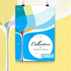 菜单封面，葡萄酒杯抽象构图，3D插图。酒水单设计模板的酒吧或餐厅。矢量海报与文字设计的图形背景
