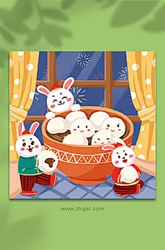 手绘卡通兔子汤圆元宵节兔年插画