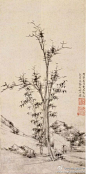 【國畫1081】明 王紱《喬柯竹石圖》—— 紙本墨筆，54.7 X 27.3 釐米，現藏故宮博物院。