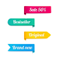 Four colorful vector ribbons or banners for a retail store in magenta  yellow  cyan and blue with the text