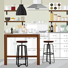 AI矢量卡通手绘室内空间场景插画阁楼客厅厨房家具H5网页设计素材