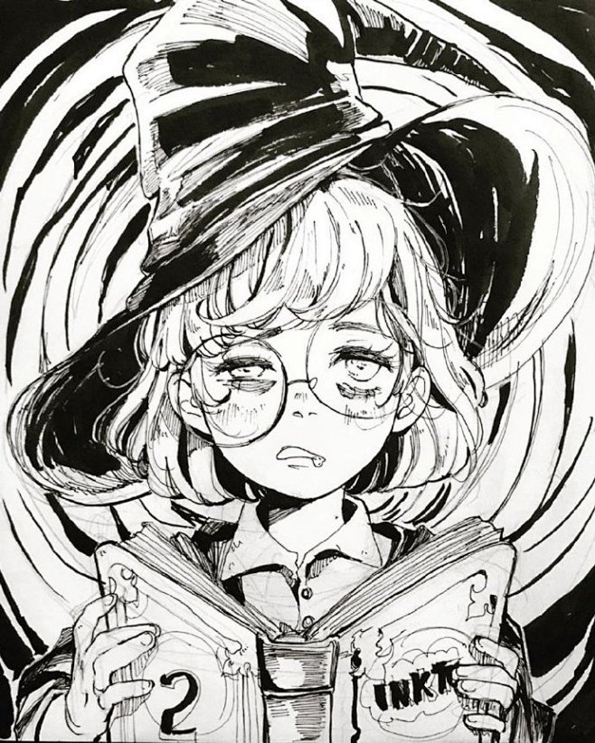 二次元少女黑白线稿插画这个画风爱了
