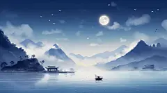 国风古风水墨山水治愈唯美中秋满月插画壁纸月亮唯美夜晚蓝色山水风景