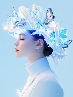蒸汽波风格美女模特头发蓝色发光体蝴蝶艺术摄影海报midjourney关键词咒语