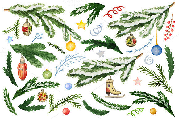圣诞节卡通水彩手绘鲁道夫雪橇树星冬青礼物...