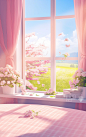 pink room with a window and flowers, in the style of photobashing, cartoon mis-en-scene, soft, romantic landscapes, organic material, glazed surfaces, pure color, 3840x2160