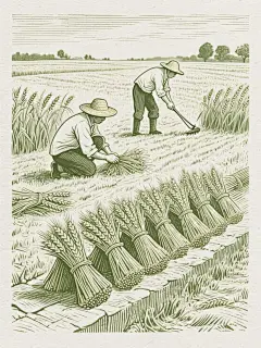 这是一幅雕刻风格的纯线描插画，对比强烈，画面丰富，线条流畅清晰根根分明，以暖调浅灰为背景，画面线条为绿色。 主体:画面是一幅细腻的麦田农忙时节手绘， 近景:捆绑在一起的麦穗整齐的摆在田埂上 中景:两位戴着草帽的农民在已经收割完的田地里蹲下来拾麦穗， 远景:两位弯腰的农民正在用镰刀收割麦子以及大片等待收割的麦子， 风格化:线条流畅精致，细节清晰丰富，仿佛能感受到线条的质感。整体风格统一，复古又精致。