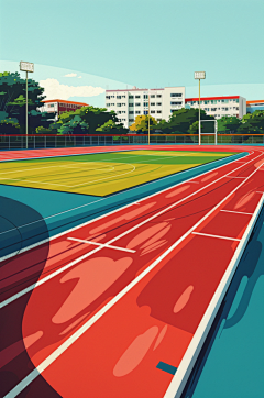 AI数字艺术扁平风校园球场操场插画-众图网