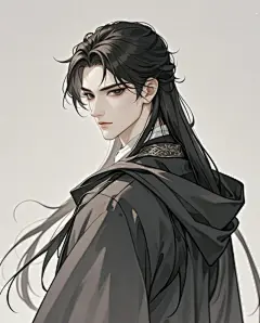 国风插画男子长发披肩垂直连帽长袍